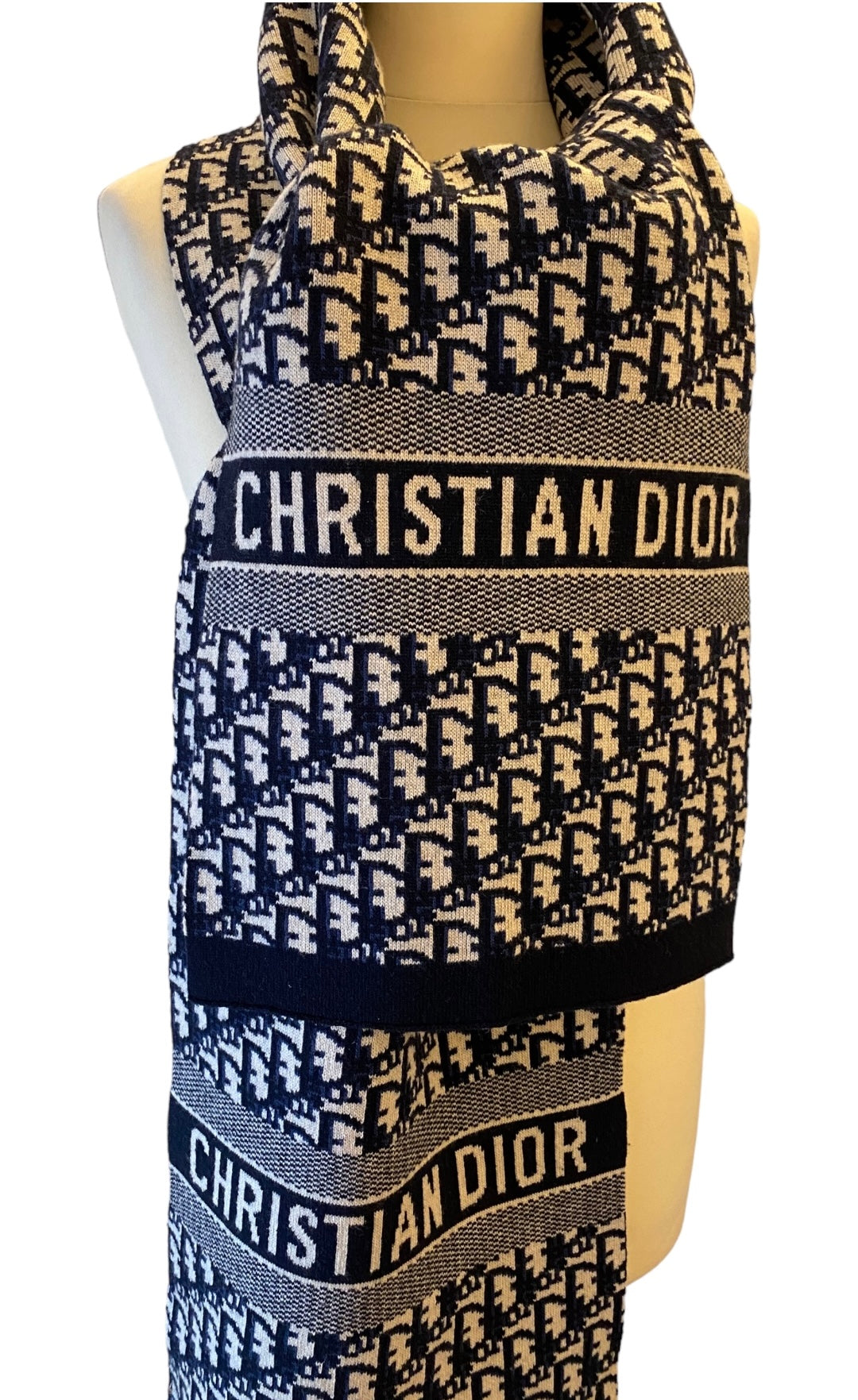 CHRISTIAN DIOR Oblique Scarf Wool/Cashmere Navy