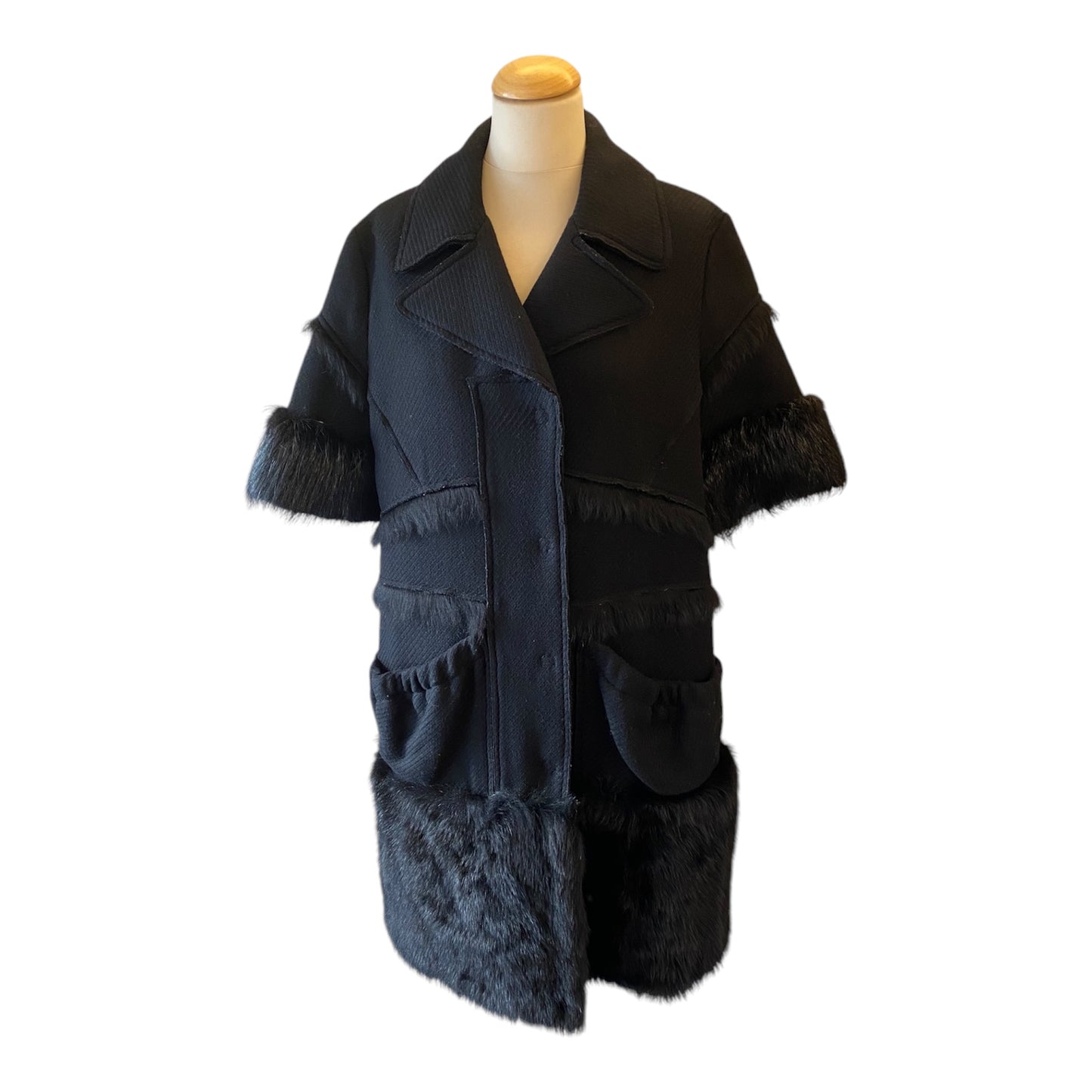 PRADA Wool and Fur Short Sleeve Black Coat Size It 46