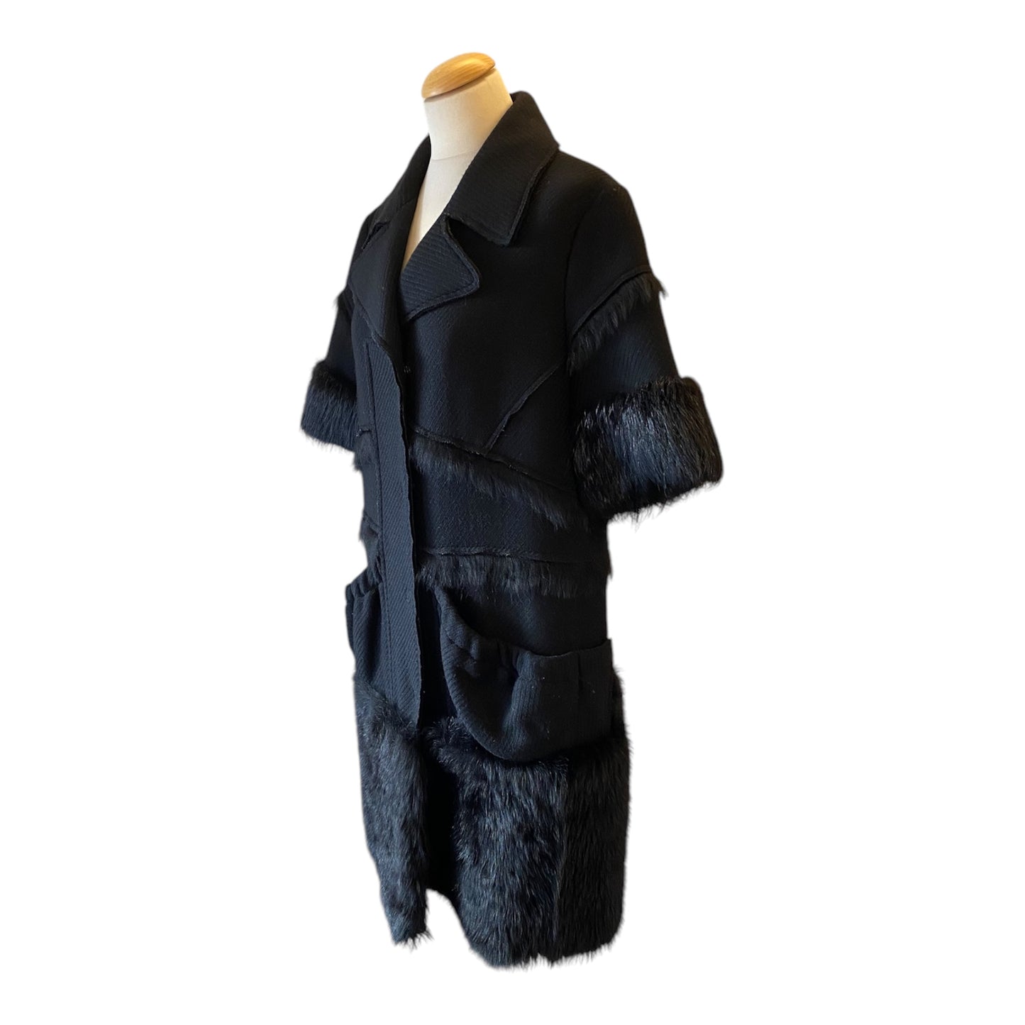 PRADA Wool and Fur Short Sleeve Black Coat Size It 46