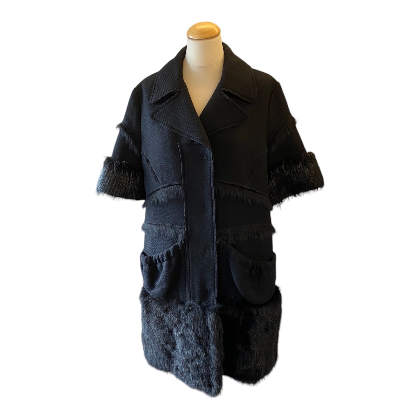 PRADA Wool and Fur Short Sleeve Black Coat Size It 46