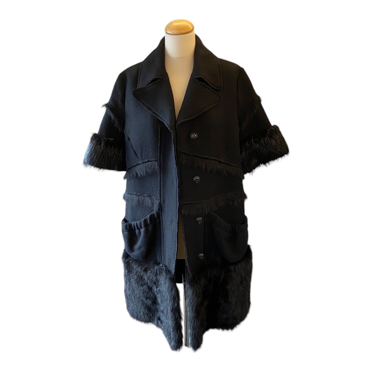 PRADA Wool and Fur Short Sleeve Black Coat Size It 46