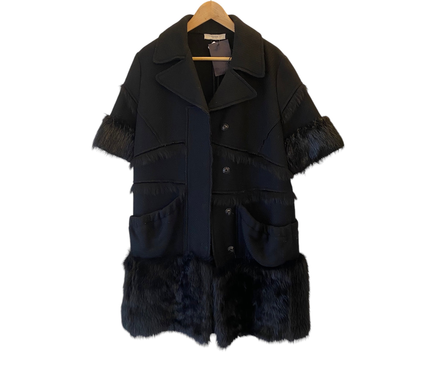 PRADA Wool and Fur Short Sleeve Black Coat Size It 46