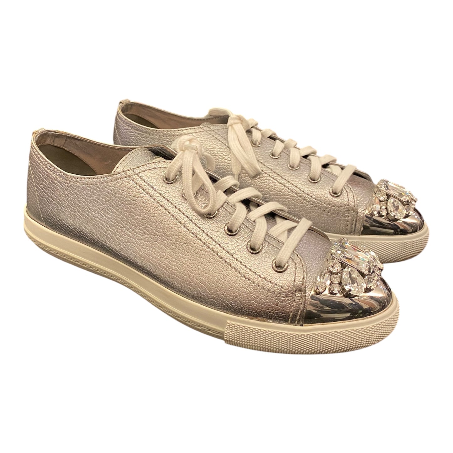 MIU MIU Silver Leather Crystal Embellished Sneakers Size 41