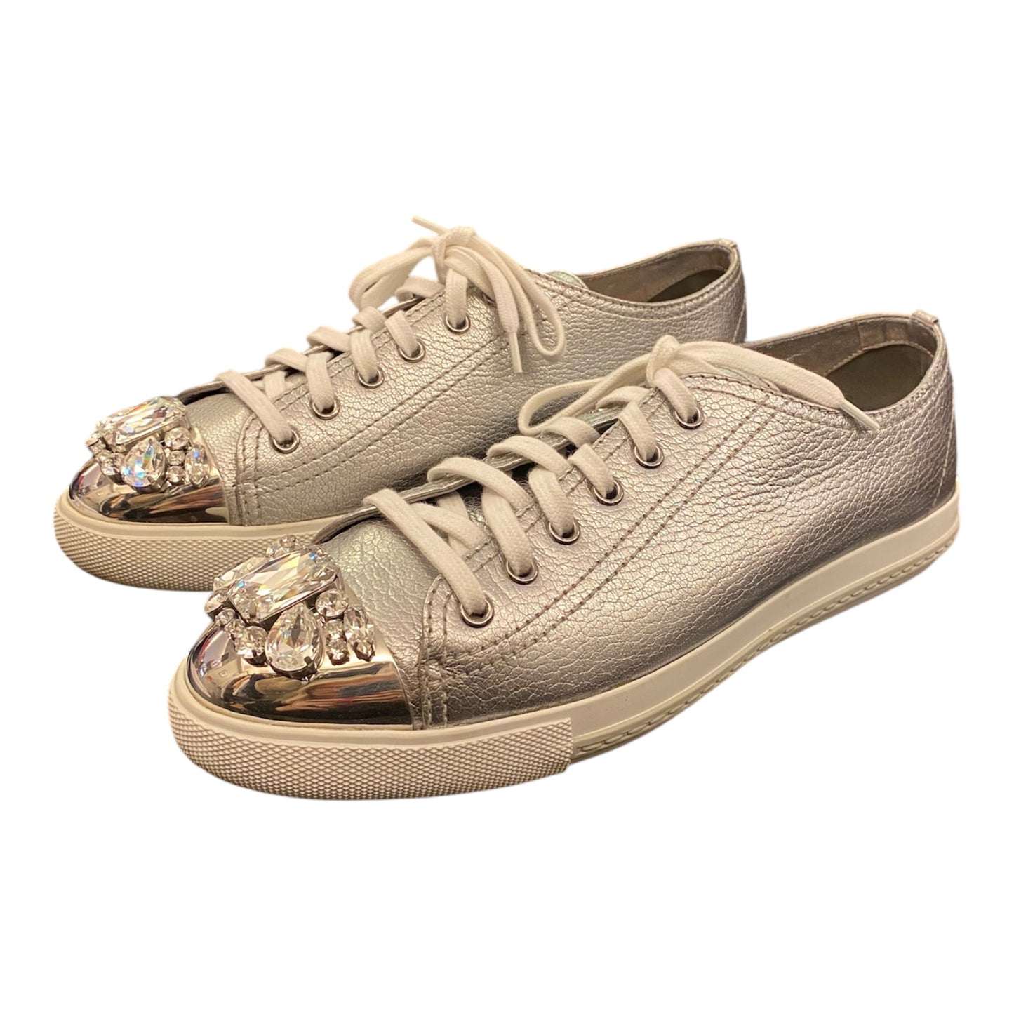 MIU MIU Silver Leather Crystal Embellished Sneakers Size 41