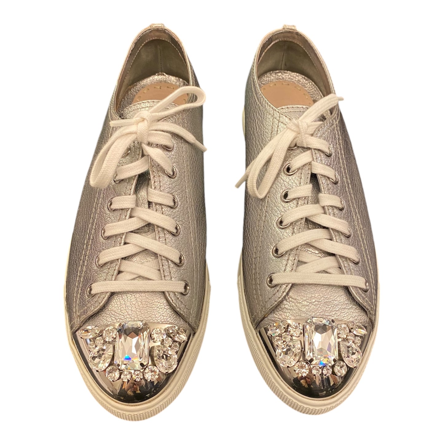 MIU MIU Silver Leather Crystal Embellished Sneakers Size 41