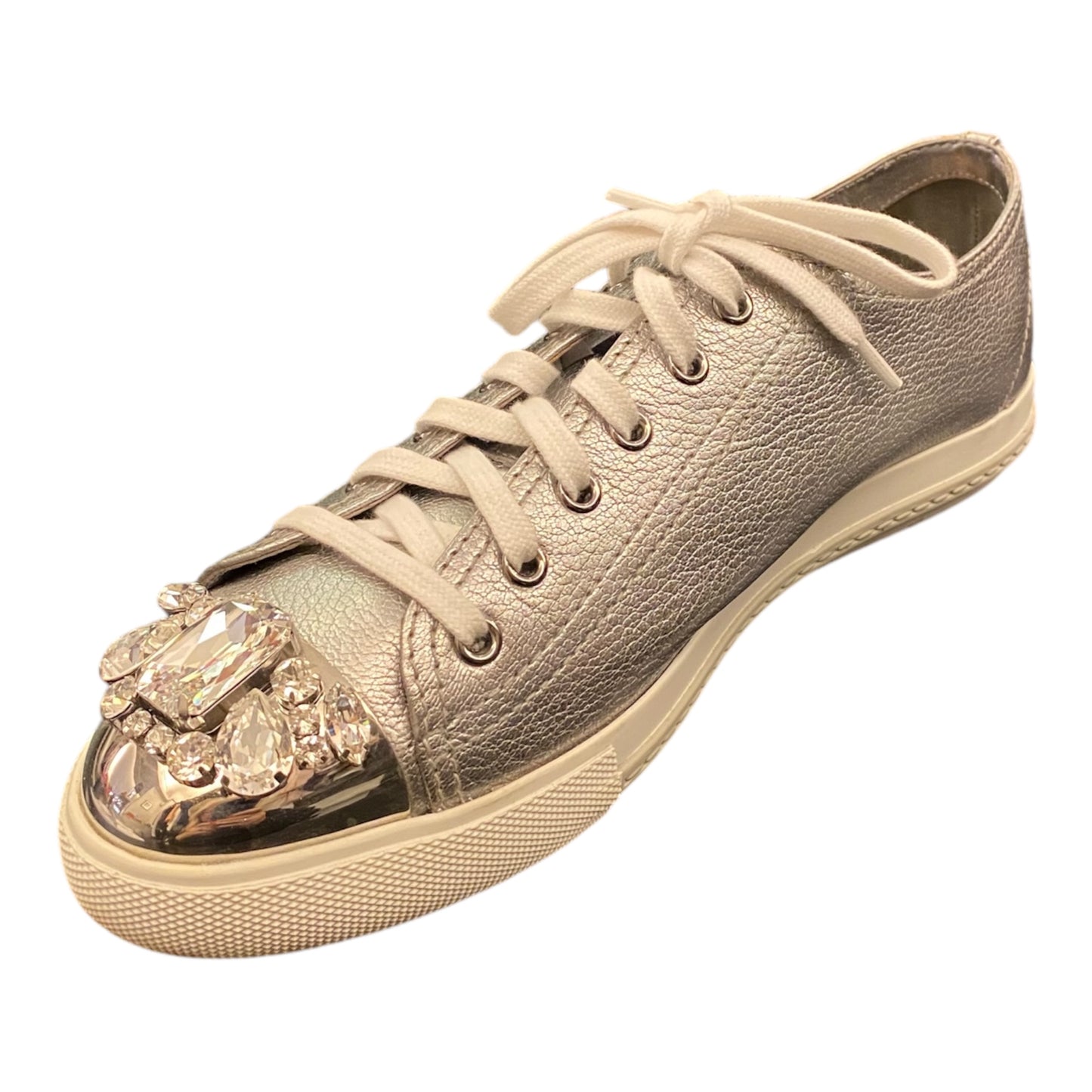 MIU MIU Silver Leather Crystal Embellished Sneakers Size 41