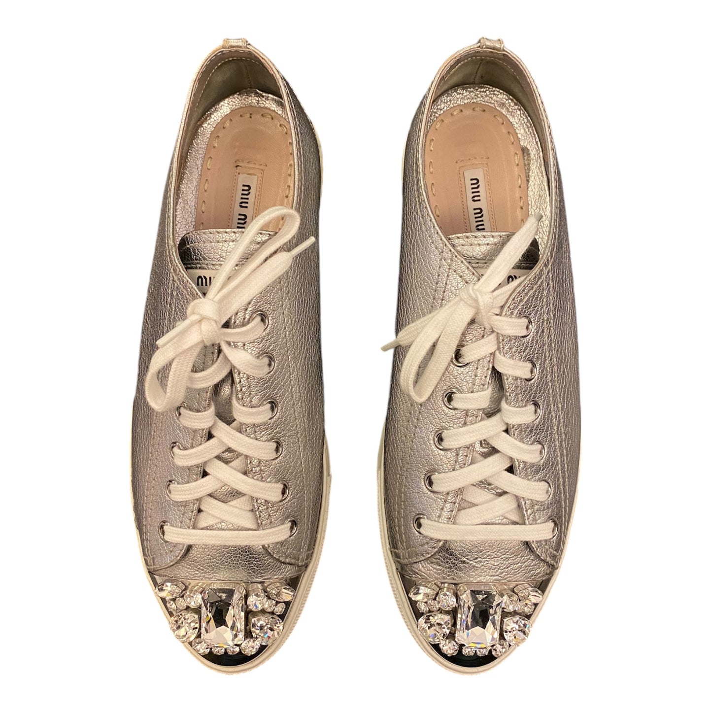 MIU MIU Silver Leather Crystal Embellished Sneakers Size 41