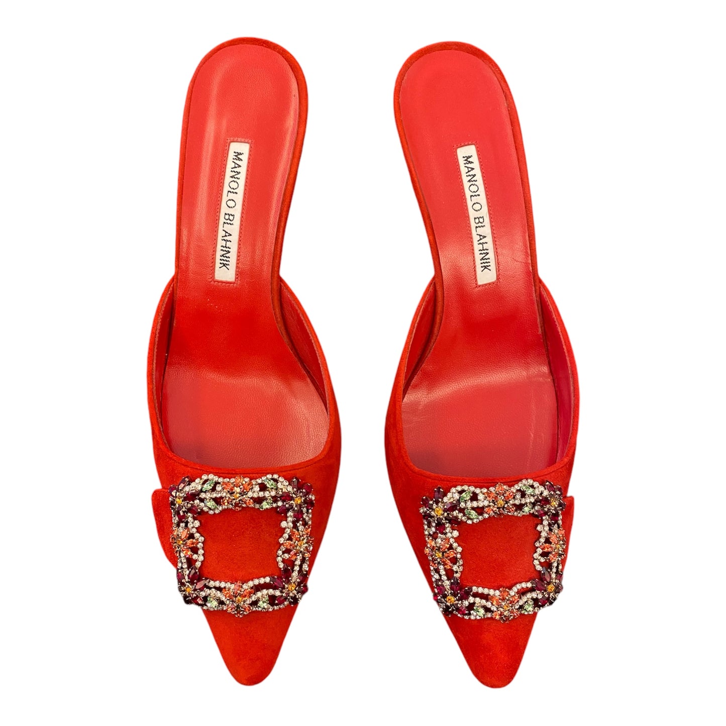 MANOLO BLAHNIK Red Suede Crystal Buckle Mules Size 39,5