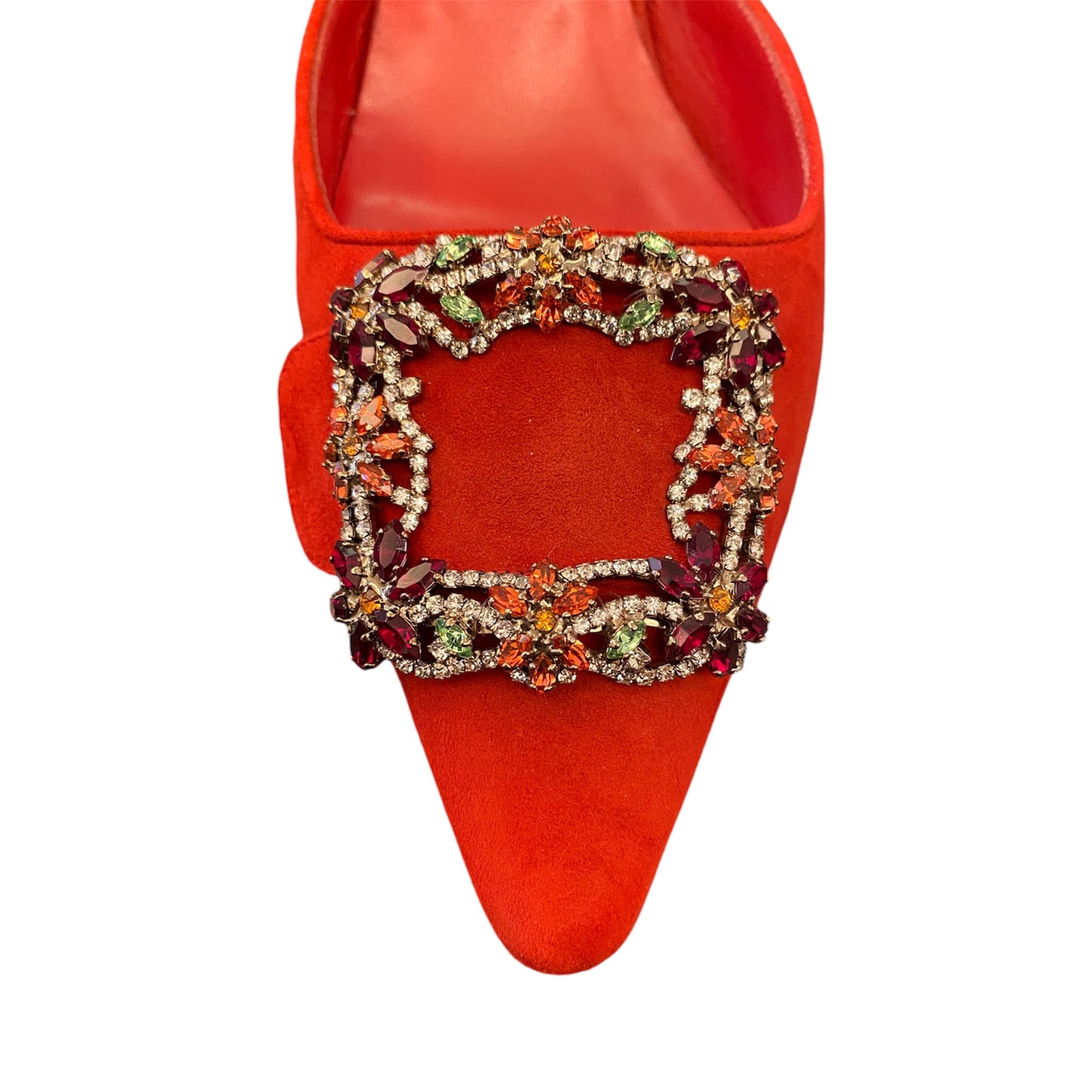 MANOLO BLAHNIK Red Suede Crystal Buckle Mules Size 39,5