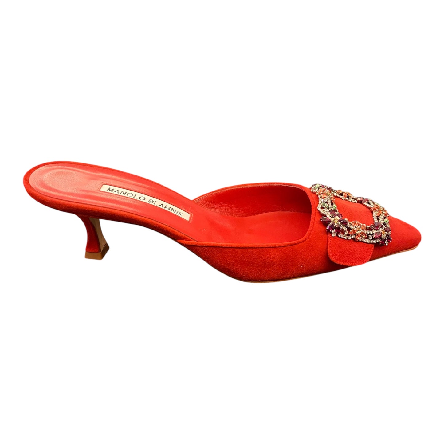 MANOLO BLAHNIK Red Suede Crystal Buckle Mules Size 39,5