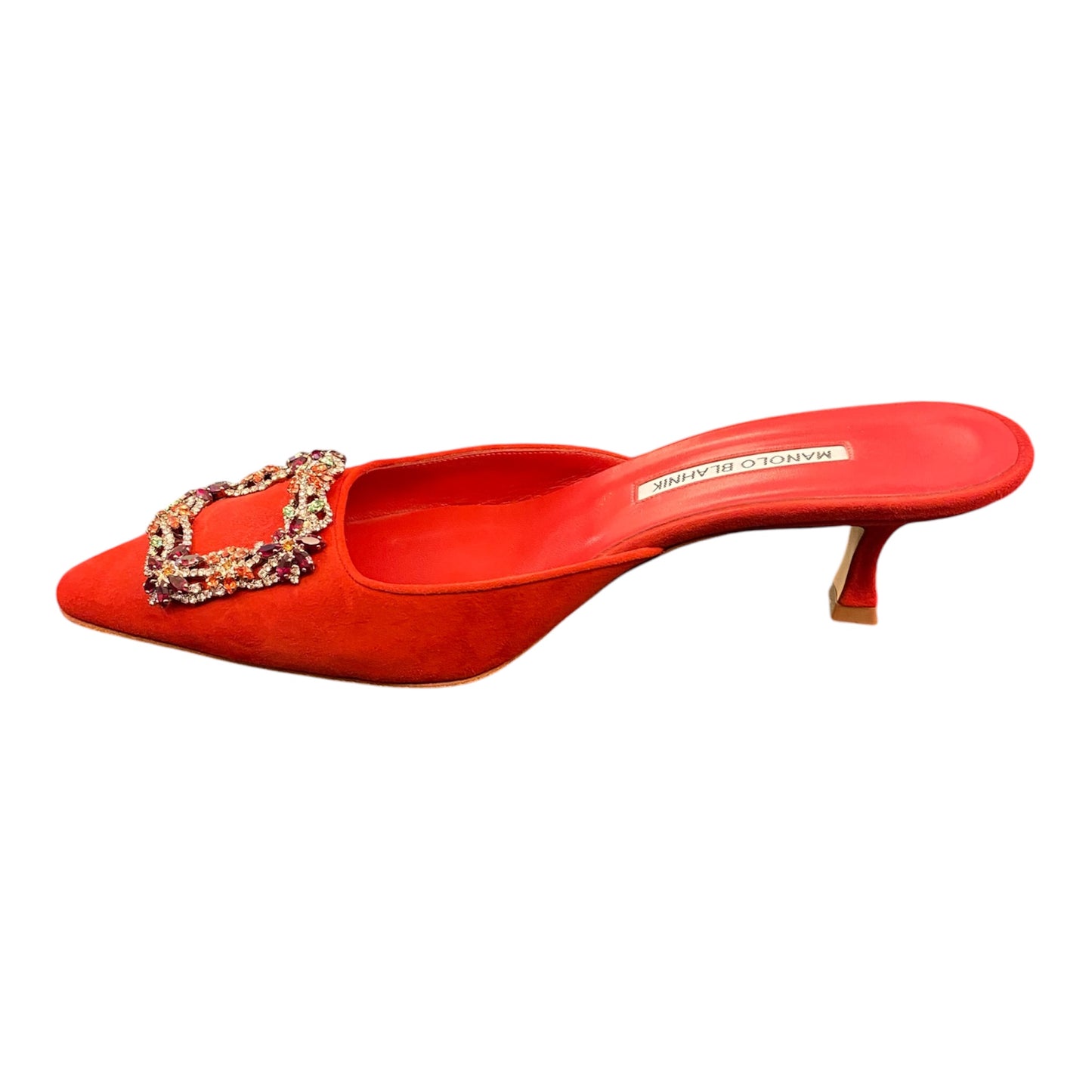 MANOLO BLAHNIK Red Suede Crystal Buckle Mules Size 39,5