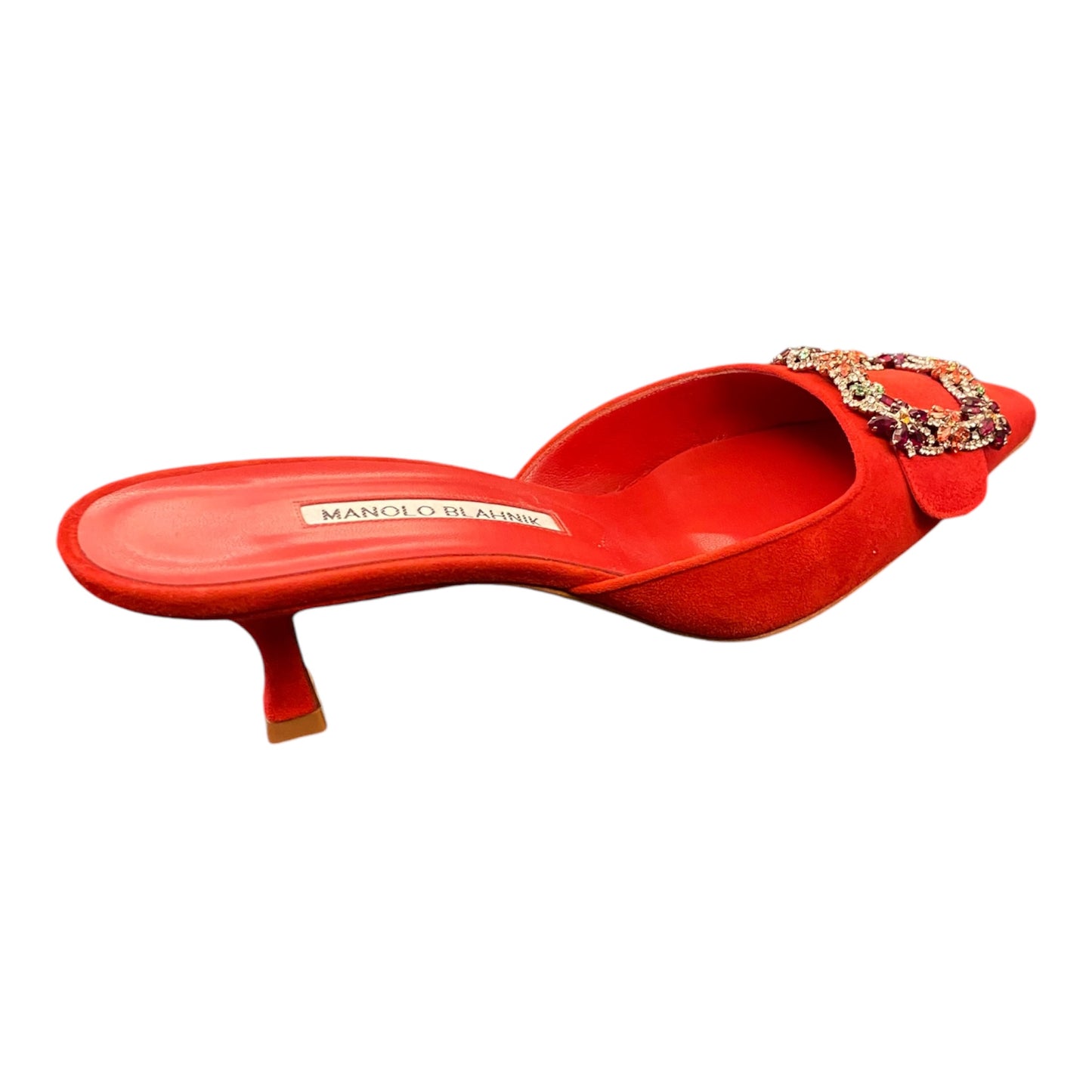 MANOLO BLAHNIK Red Suede Crystal Buckle Mules Size 39,5