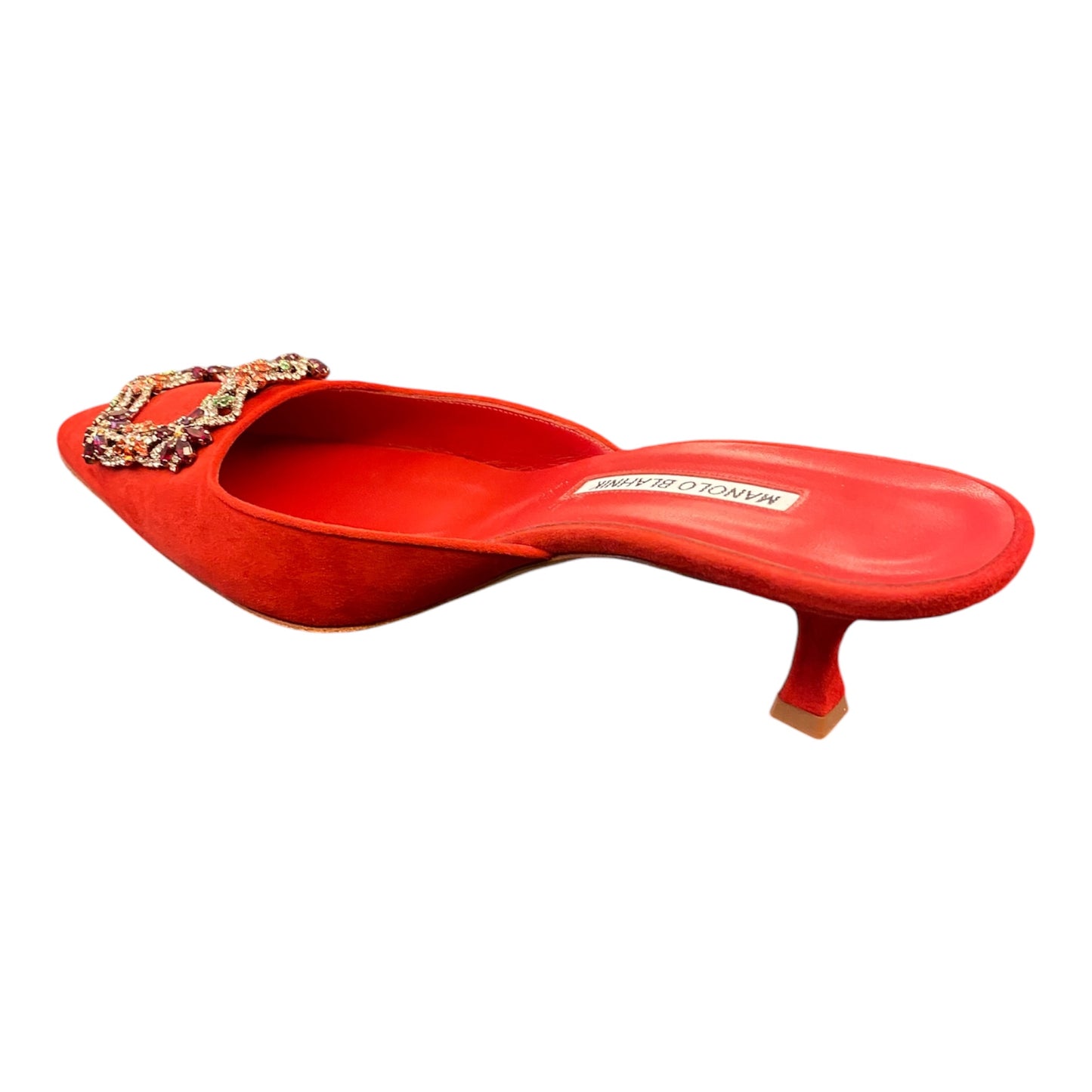 MANOLO BLAHNIK Red Suede Crystal Buckle Mules Size 39,5