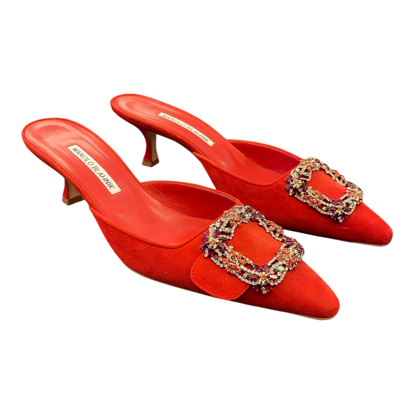 MANOLO BLAHNIK Red Suede Crystal Buckle Mules Size 39,5