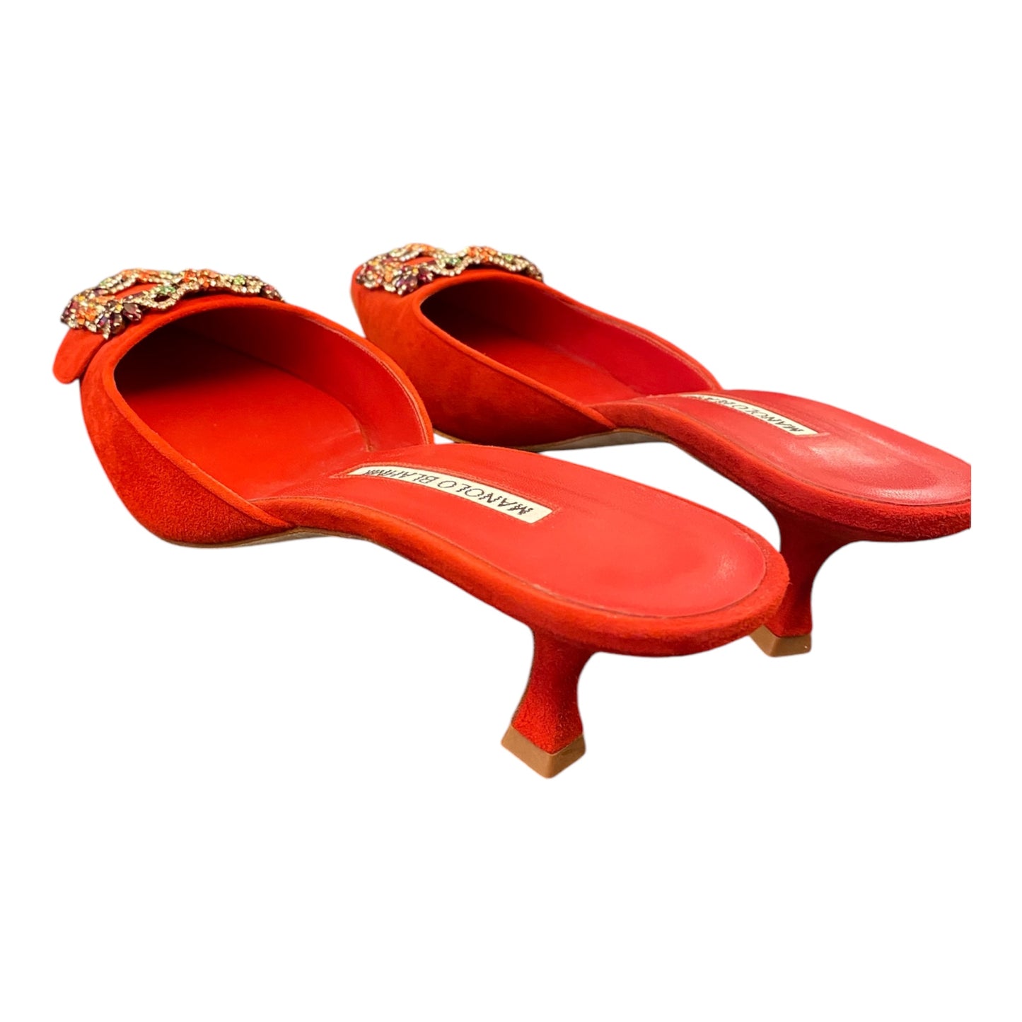 MANOLO BLAHNIK Red Suede Crystal Buckle Mules Size 39,5