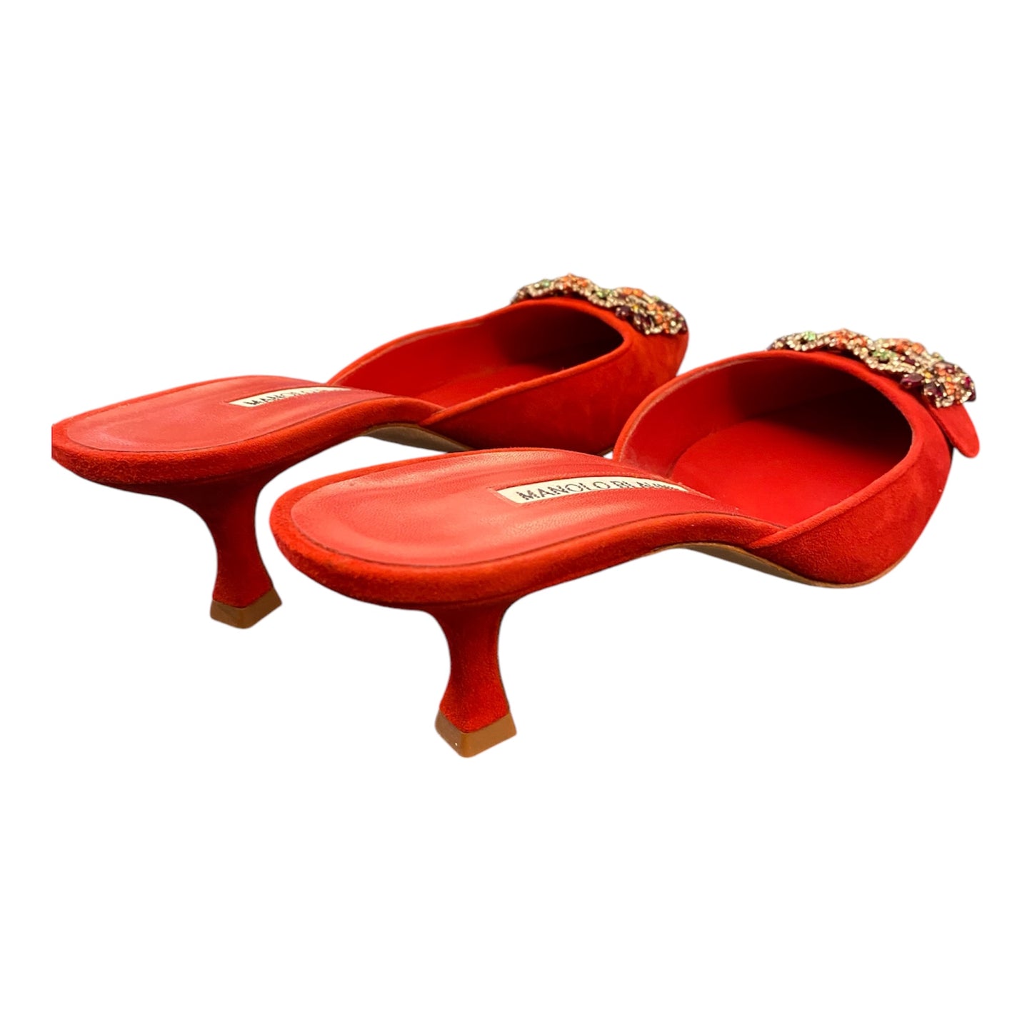 MANOLO BLAHNIK Red Suede Crystal Buckle Mules Size 39,5