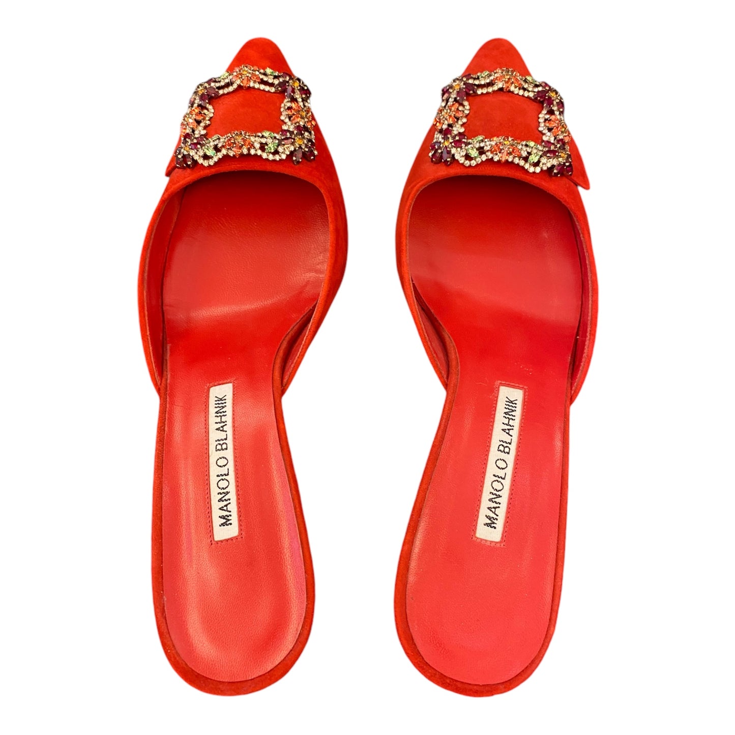 MANOLO BLAHNIK Red Suede Crystal Buckle Mules Size 39,5