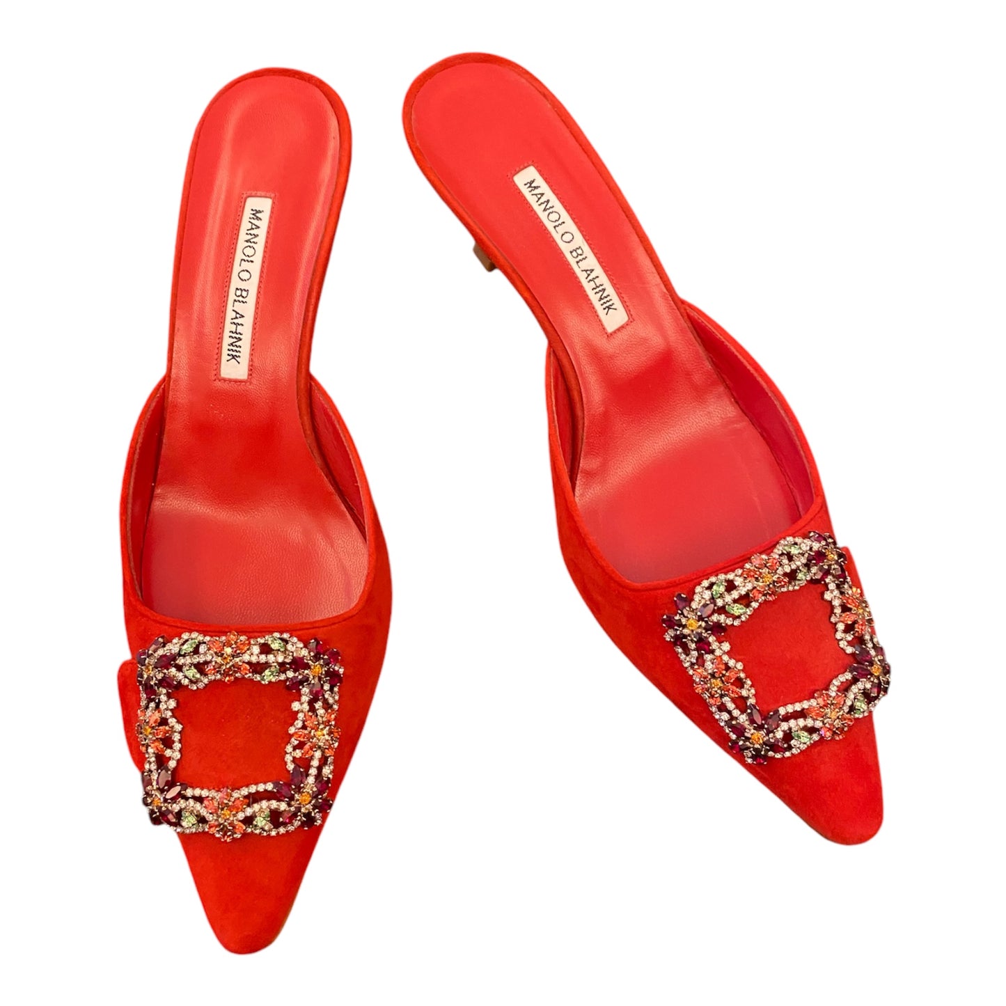 MANOLO BLAHNIK Red Suede Crystal Buckle Mules Size 39,5