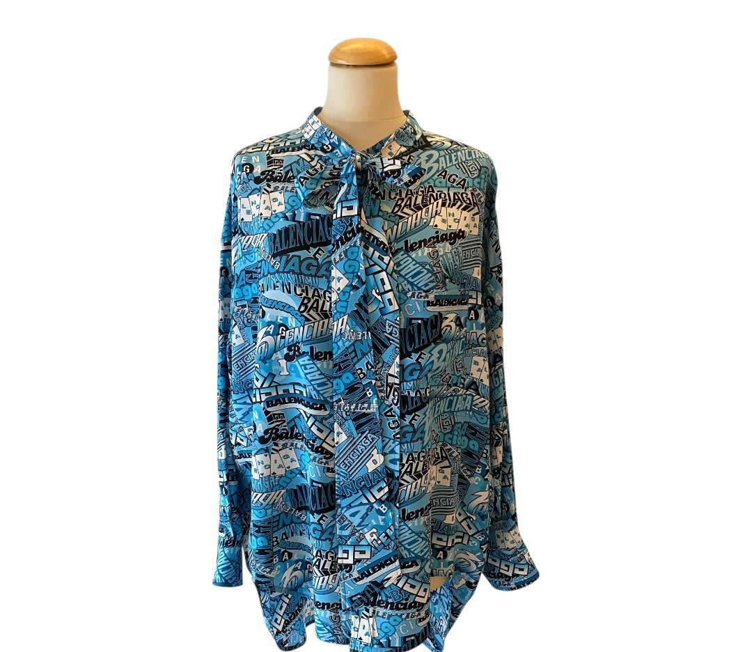 BALENCIAGA Logo Text Print Tie-Neck Silk Shirt Size 36