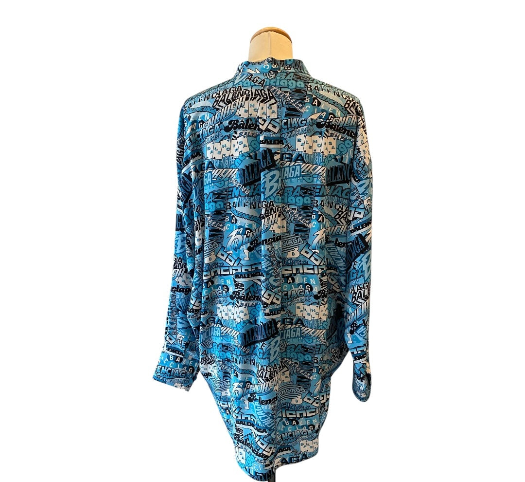 BALENCIAGA Logo Text Print Tie-Neck Silk Shirt Size 36