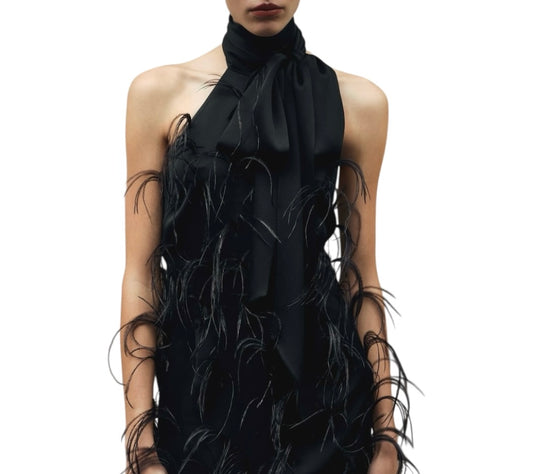 MNG CAPSULE Halter Dress with Feather Decoration Size S