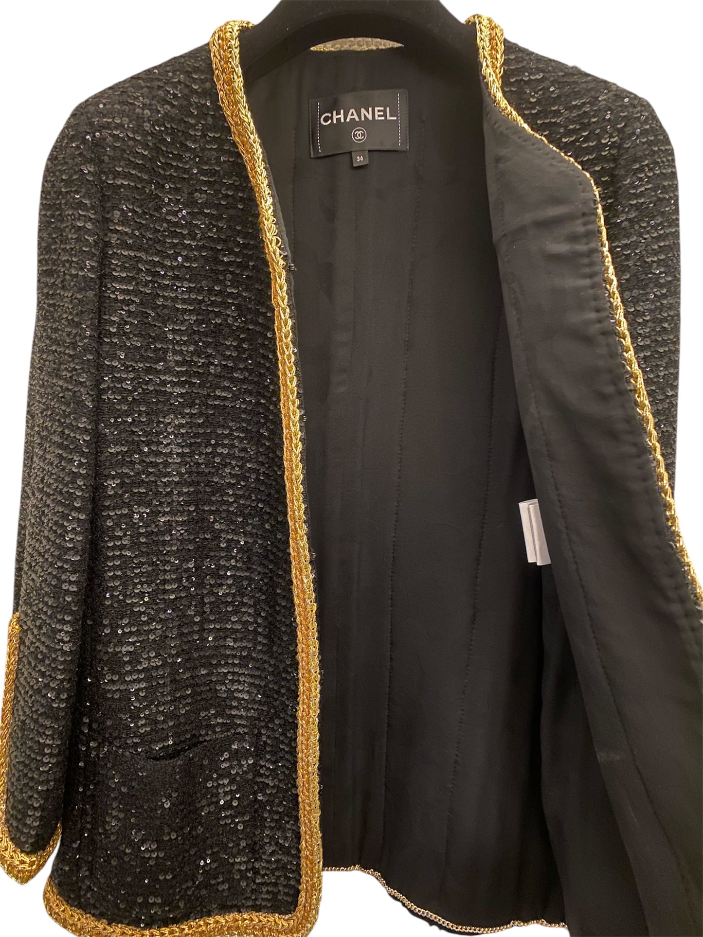 CHANEL Black and Gold Sequin Jacket Size Fr 36