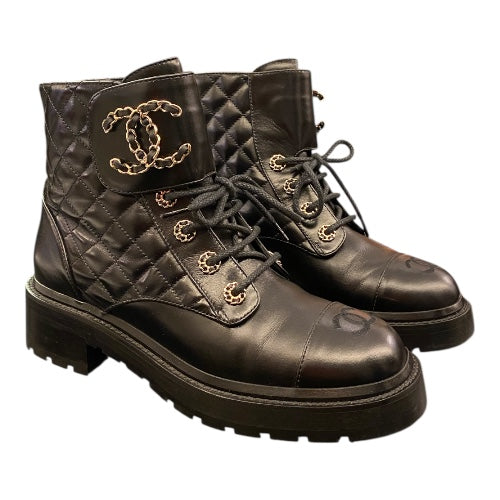 CHANEL Leather CC Chain Link Logo Boots Size 38,5