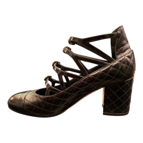 CHANEL Leather Mary Jane Heels Black Size 40 C