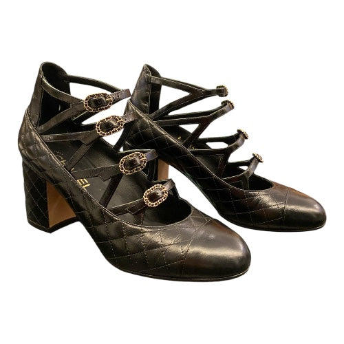 CHANEL Leather Mary Jane Heels Black Size 40 C
