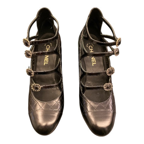 CHANEL Leather Mary Jane Heels Black Size 40 C