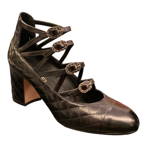 CHANEL Leather Mary Jane Heels Black Size 40 C