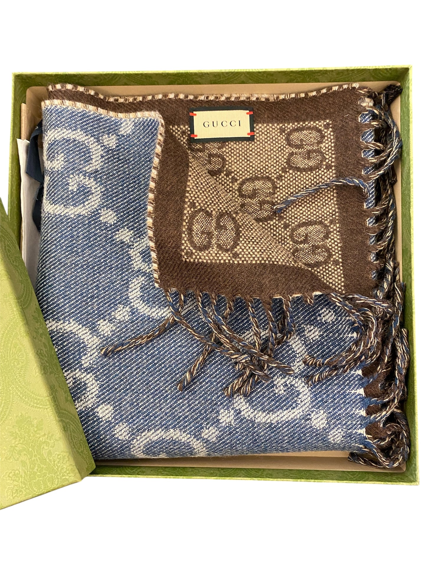 GUCCI GG Jacquard Knit Wool Scarf Brown/Navy
