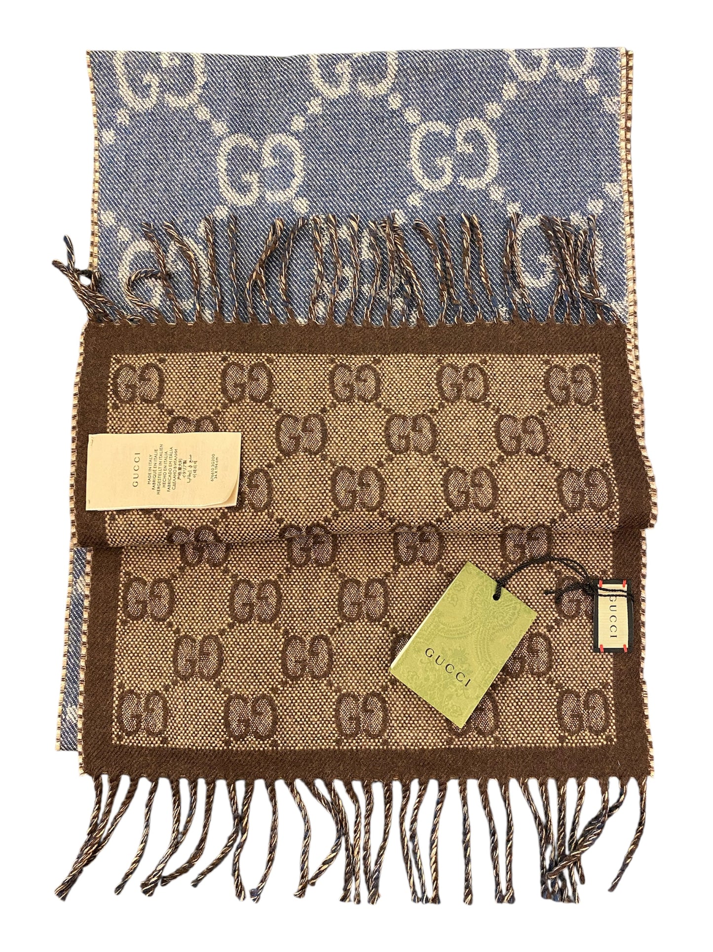 GUCCI GG Jacquard Knit Wool Scarf Brown/Navy