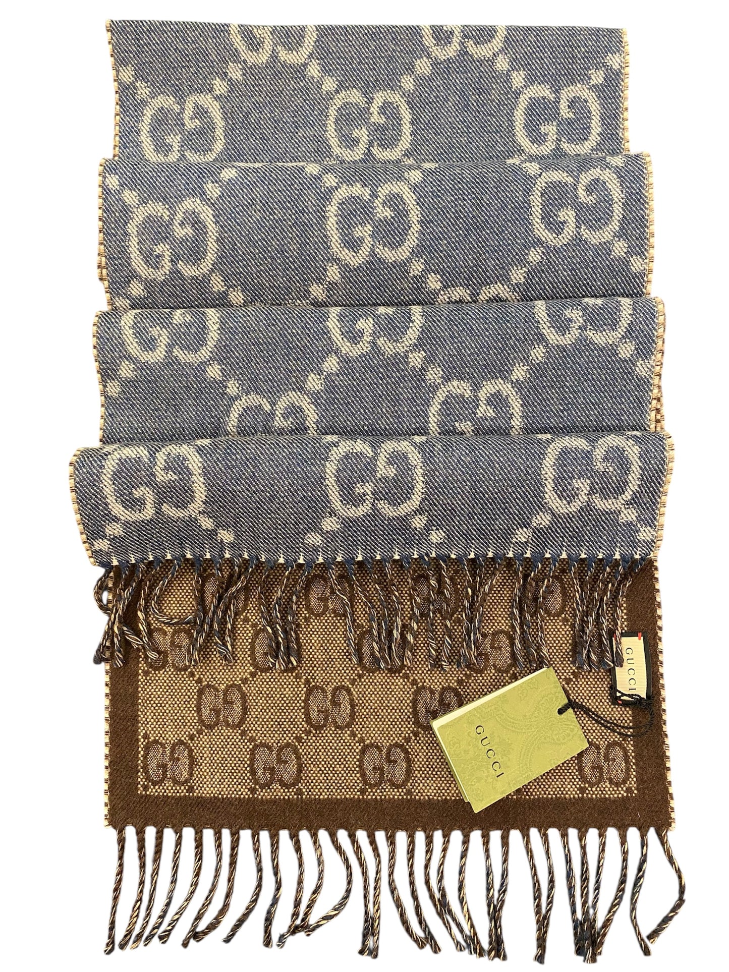 GUCCI GG Jacquard Knit Wool Scarf Brown/Navy