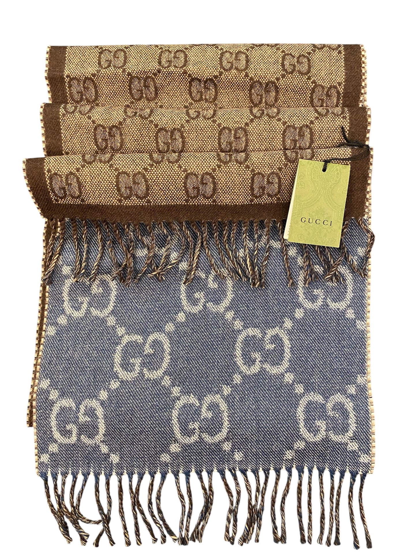 GUCCI GG Jacquard Knit Wool Scarf Brown/Navy
