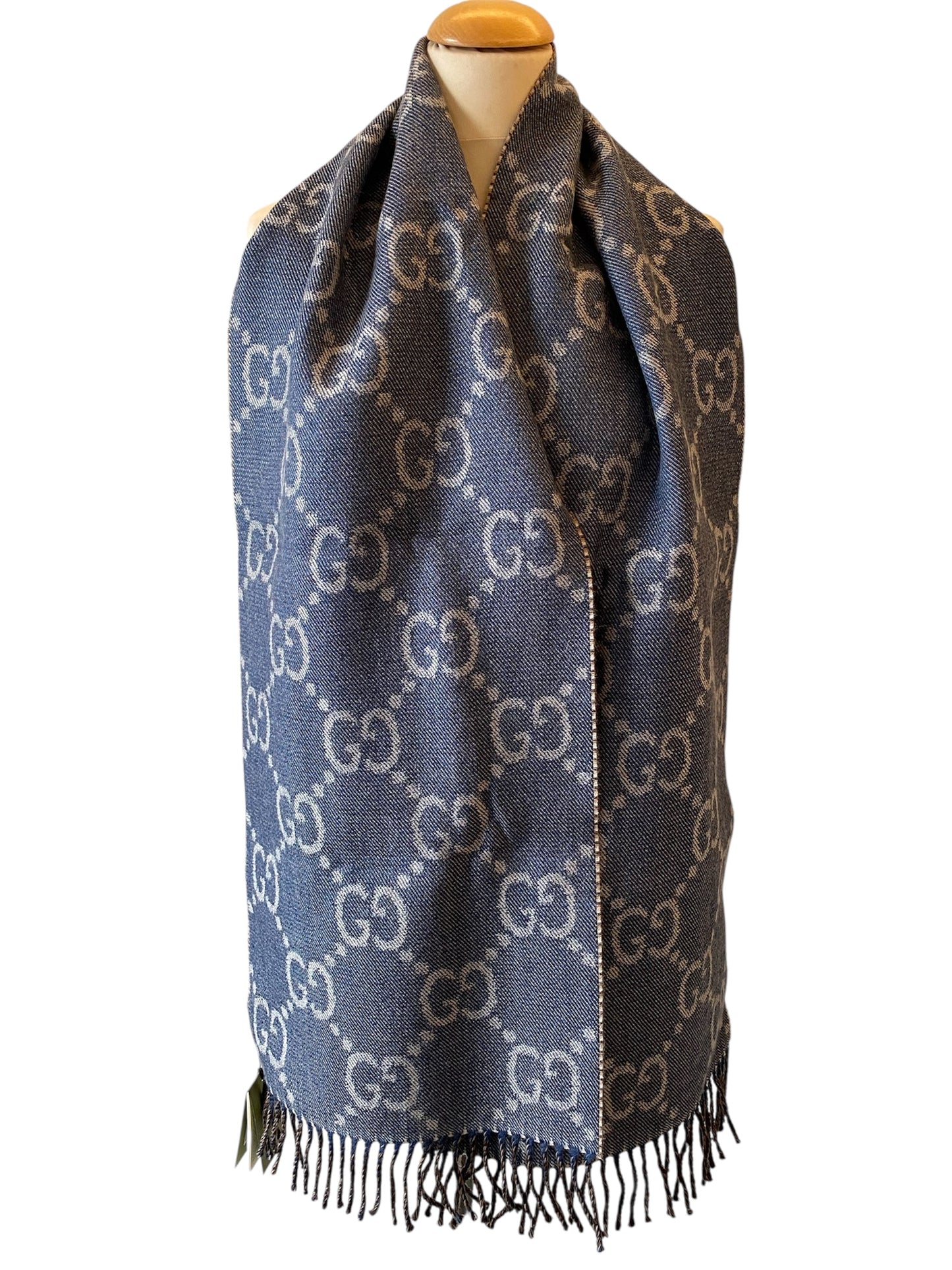 GUCCI GG Jacquard Knit Wool Scarf Brown/Navy