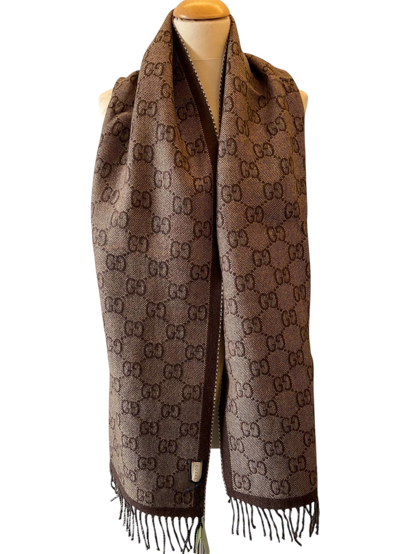 GUCCI GG Jacquard Knit Wool Scarf Brown/Navy