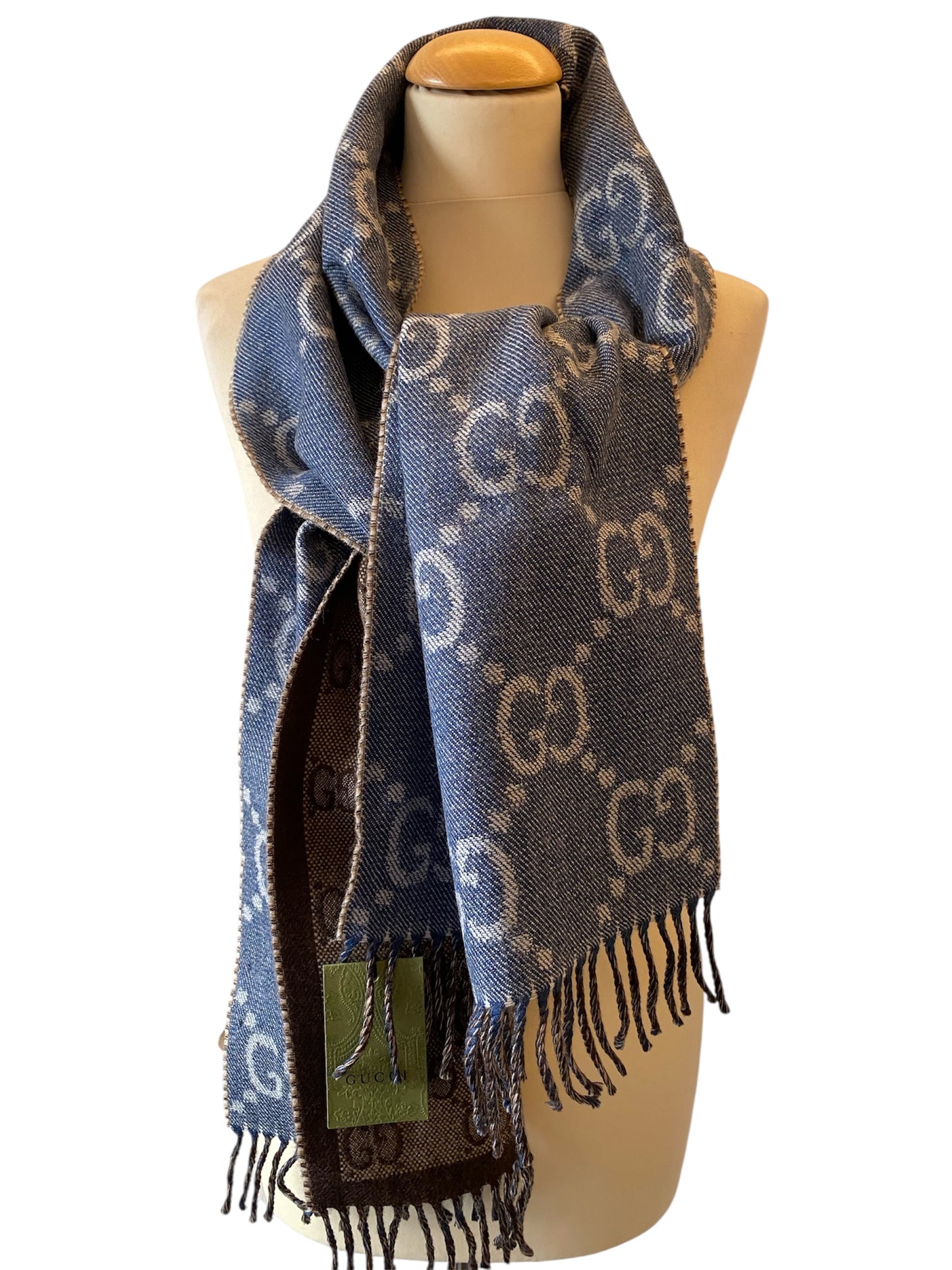 GUCCI GG Jacquard Knit Wool Scarf Brown/Navy