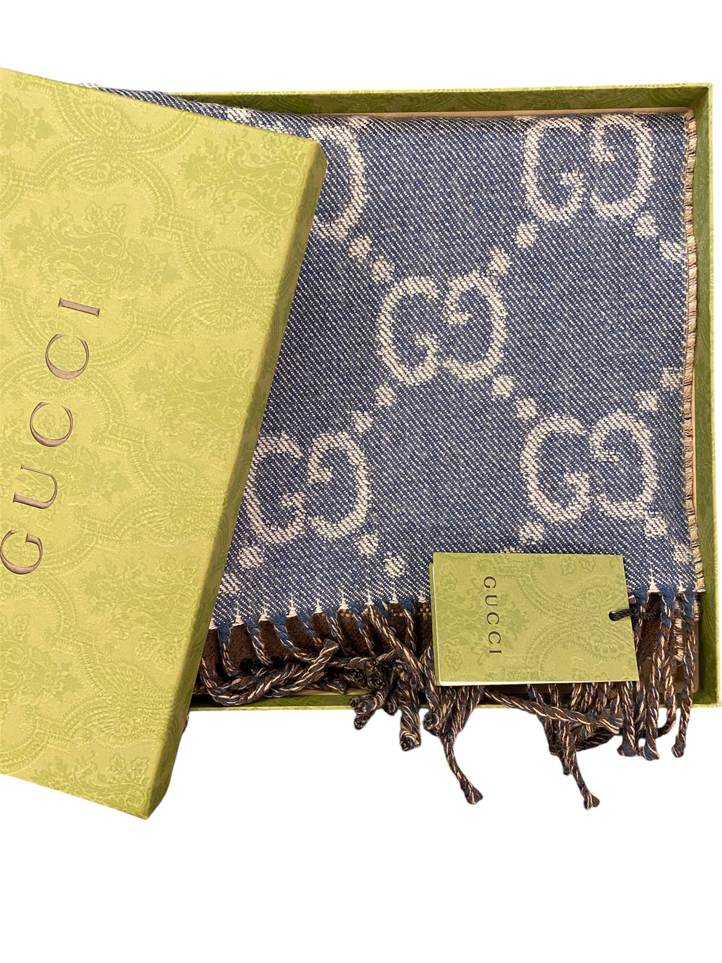 GUCCI GG Jacquard Knit Wool Scarf Brown/Navy