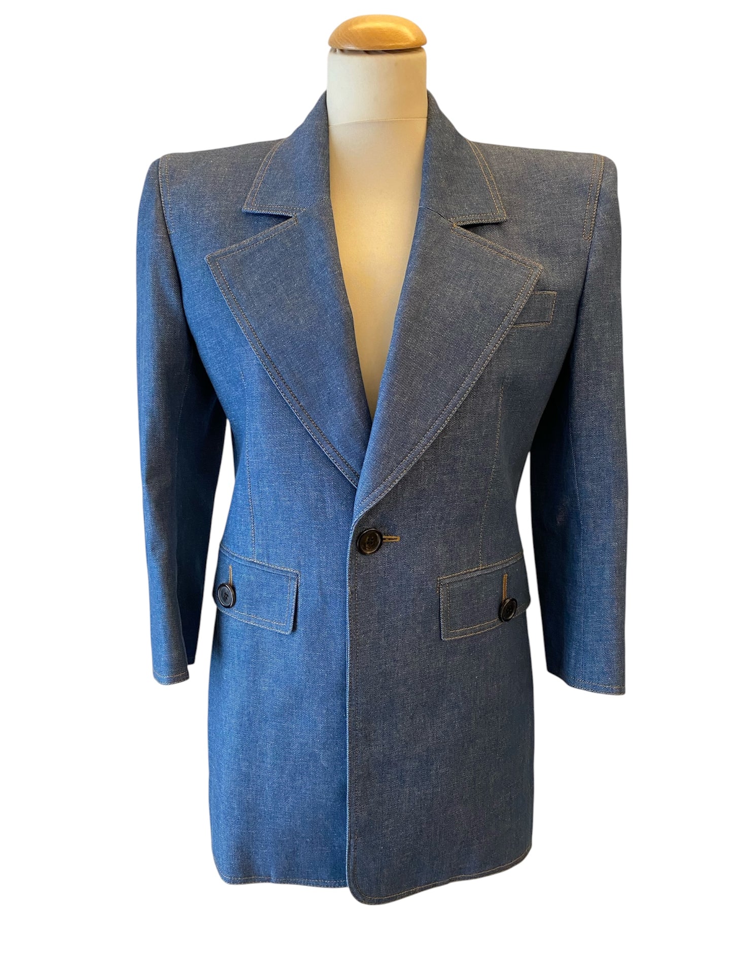 SAINT LAURENT 2022 Runway Blue Denim Power Shoulder Blazer Mini Dress Size Fr 36