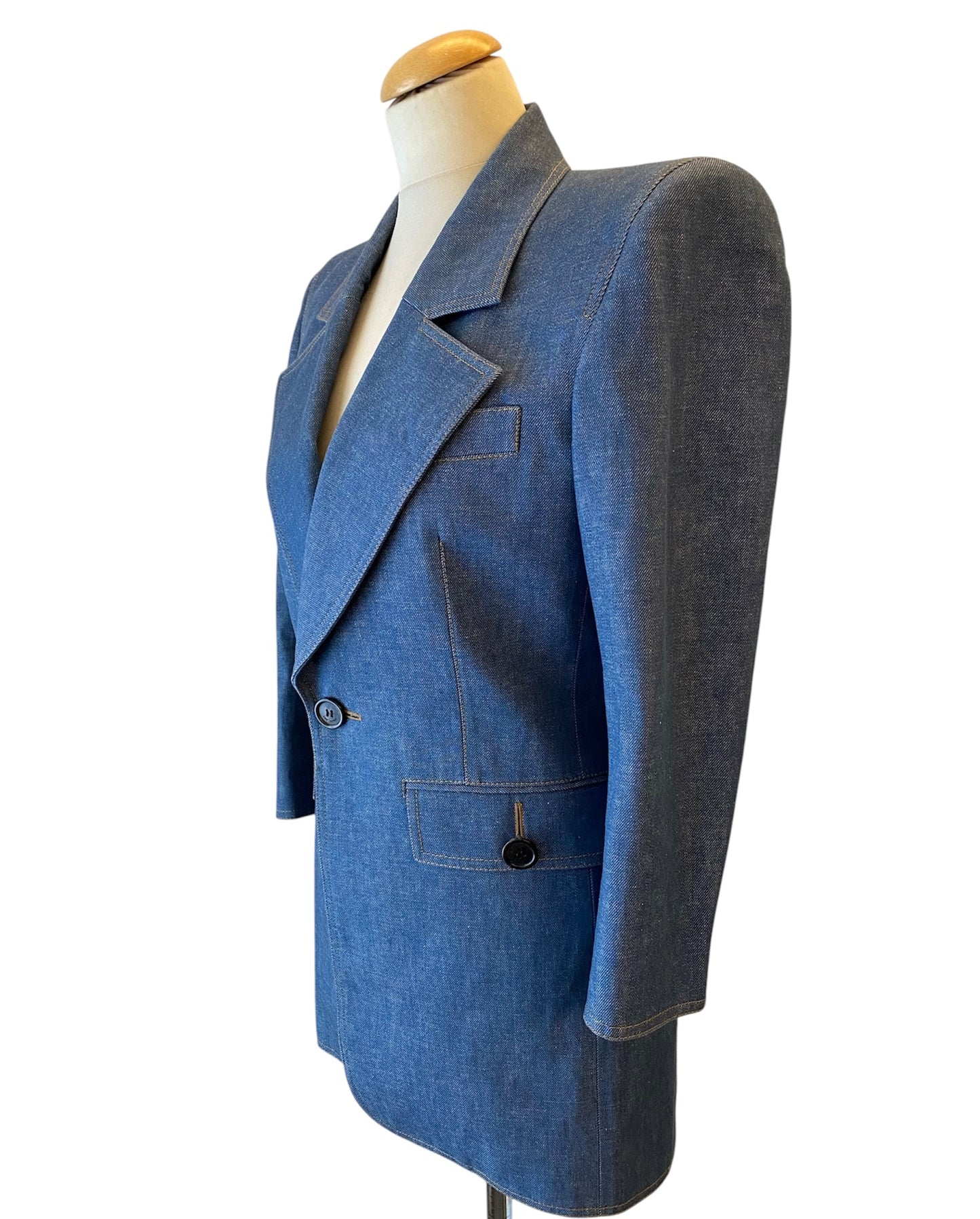 SAINT LAURENT 2022 Runway Blue Denim Power Shoulder Blazer Mini Dress Size Fr 36