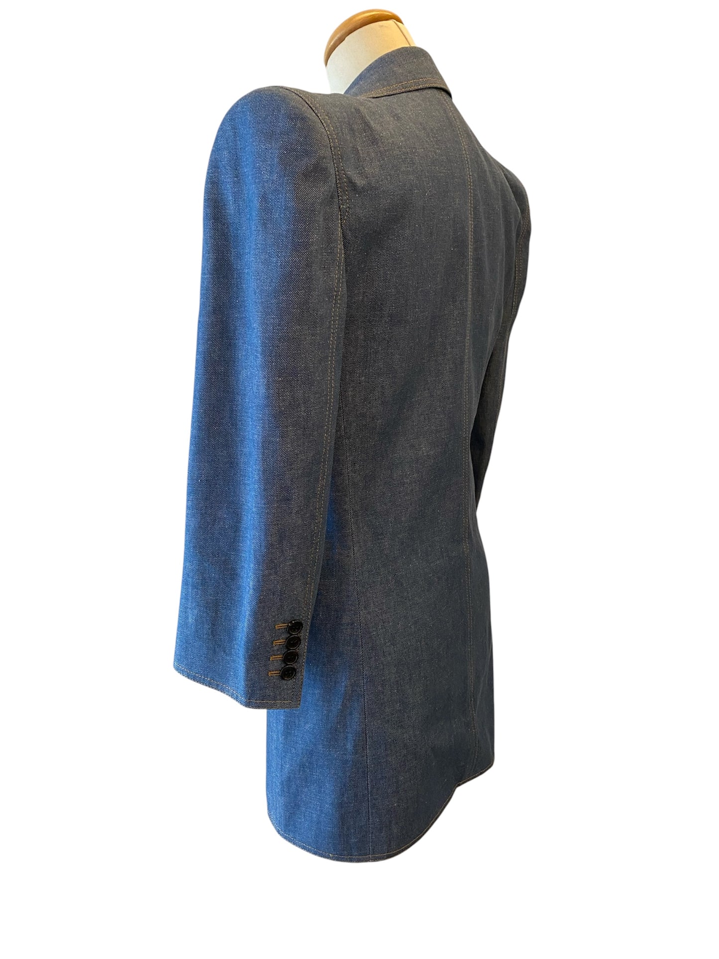 SAINT LAURENT 2022 Runway Blue Denim Power Shoulder Blazer Mini Dress Size Fr 36