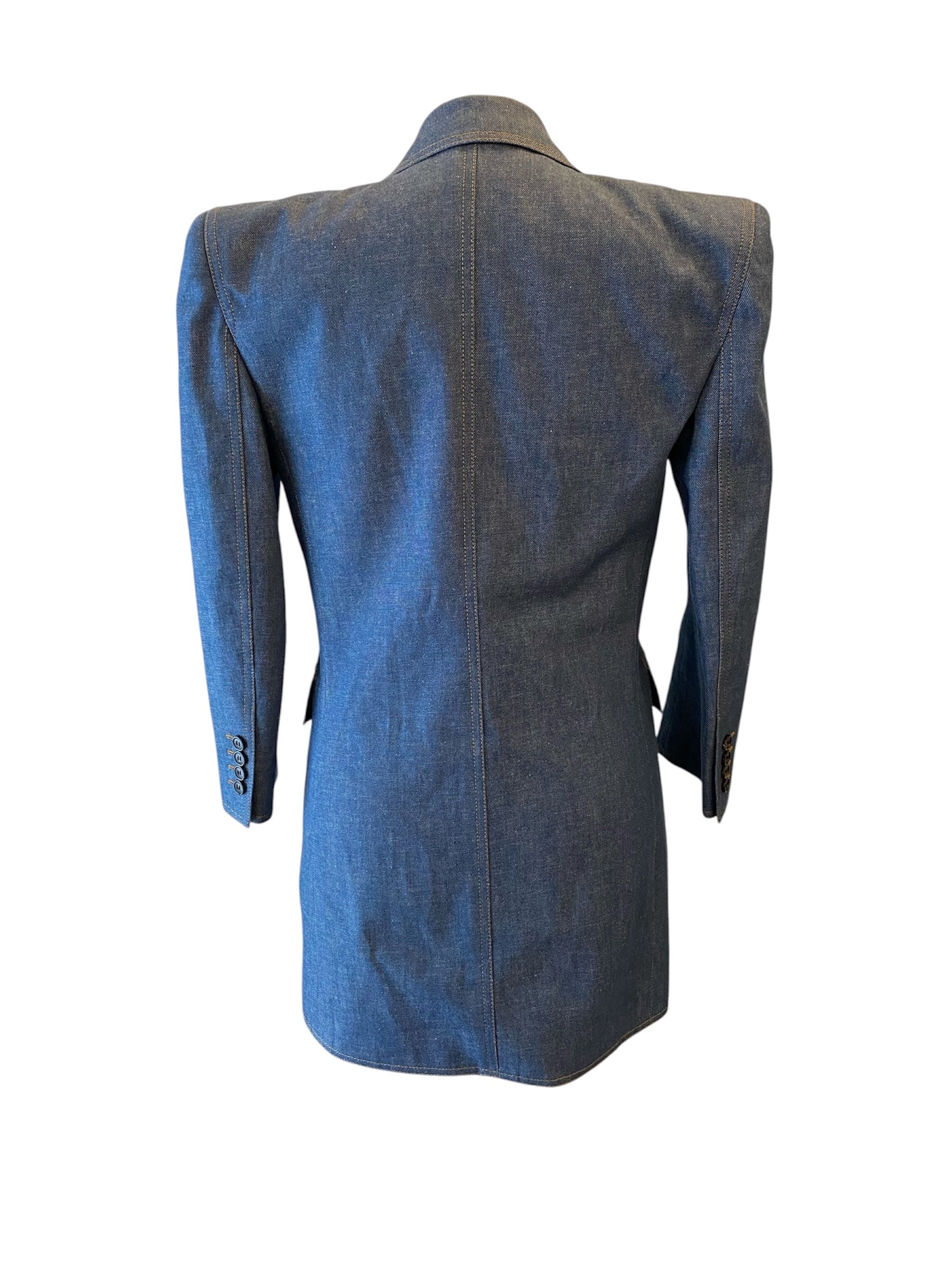 SAINT LAURENT 2022 Runway Blue Denim Power Shoulder Blazer Mini Dress Size Fr 36