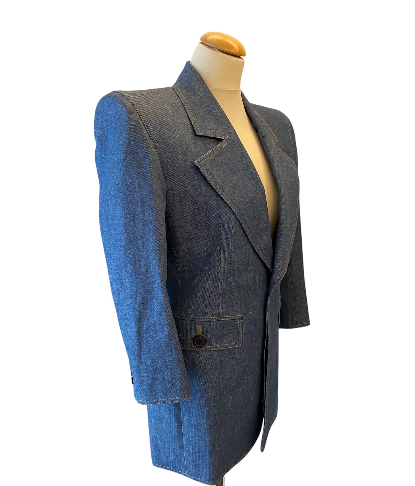 SAINT LAURENT 2022 Runway Blue Denim Power Shoulder Blazer Mini Dress Size Fr 36