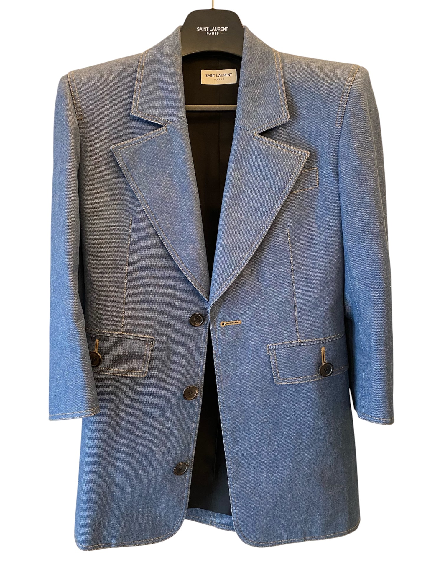 SAINT LAURENT 2022 Runway Blue Denim Power Shoulder Blazer Mini Dress Size Fr 36