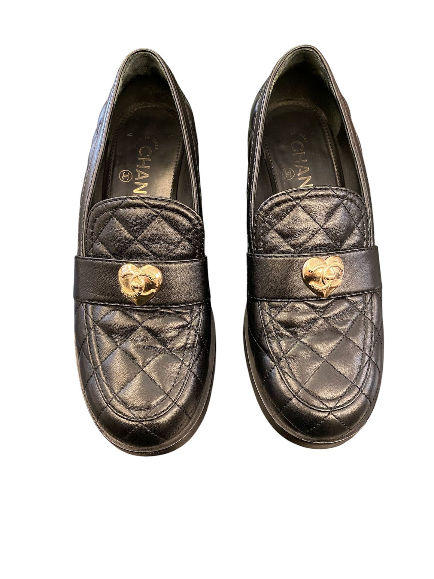CHANEL Black Quilted Lambskin CC Heart Loafers Size 38