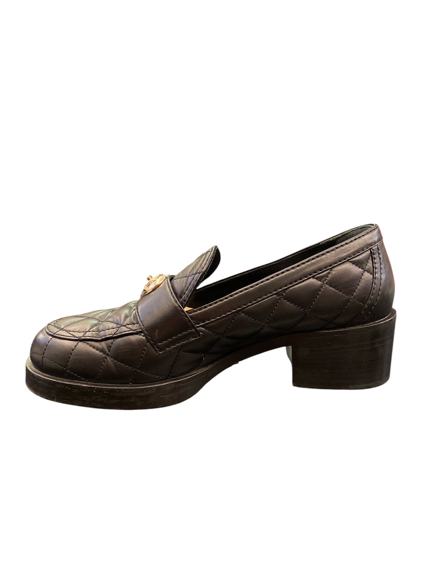 CHANEL Black Quilted Lambskin CC Heart Loafers Size 38