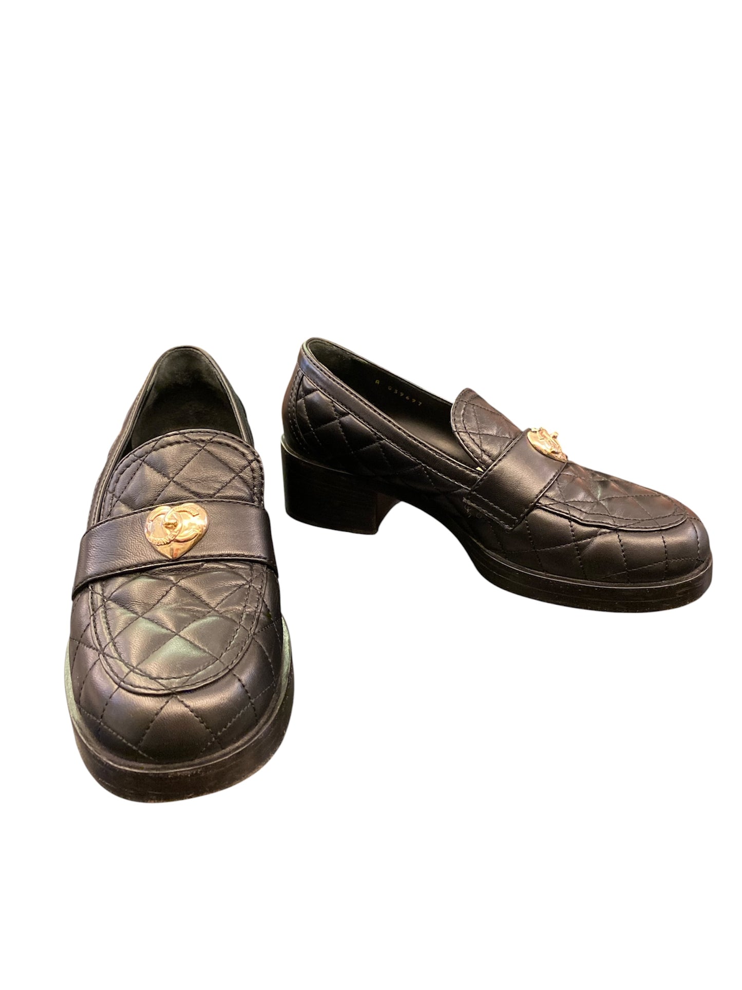 CHANEL Black Quilted Lambskin CC Heart Loafers Size 38