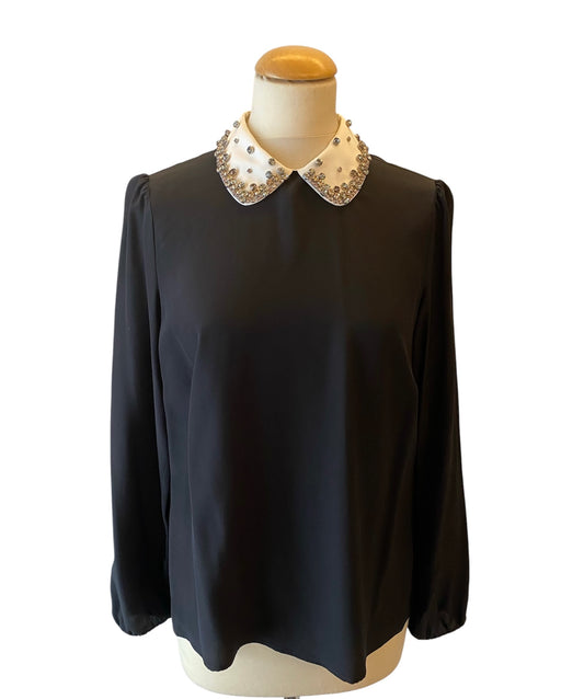 RED VALENTINO Crystal Collar Silk Blouse Black Size It 44