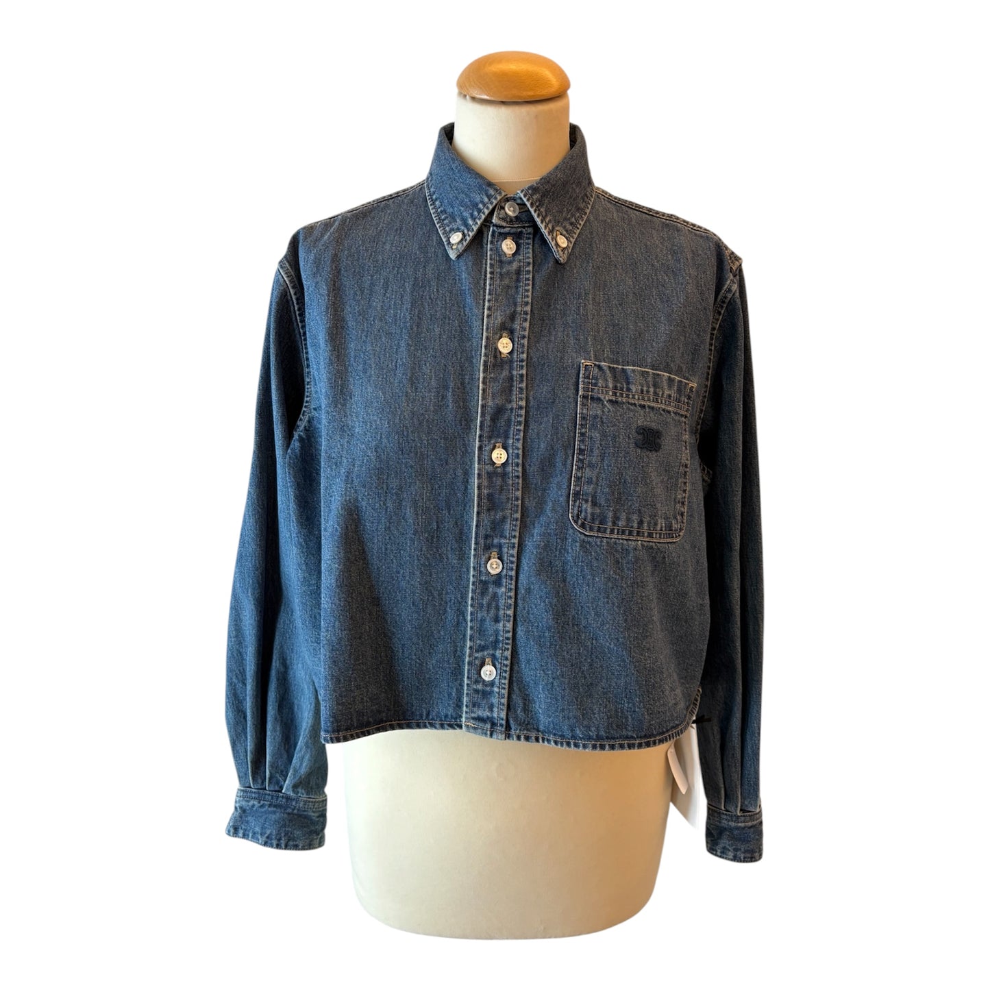 CELINE Short Shirt with Triomphe Embroidery in Denim Size S